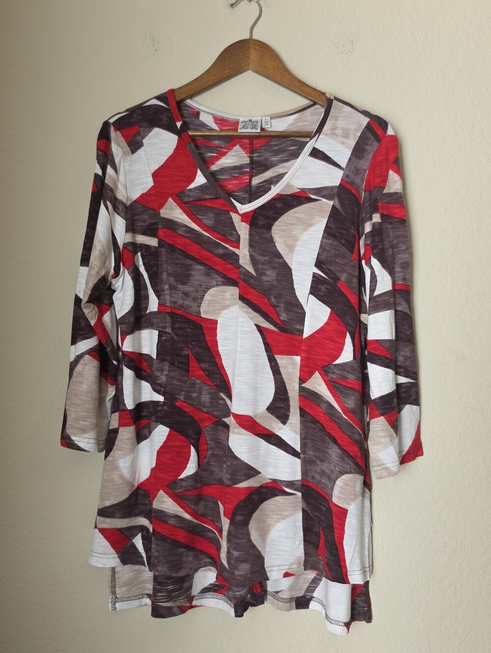 Parsley & Sage Tunic Top Womens Large Brown Red White Abstract Boho High Low Hem